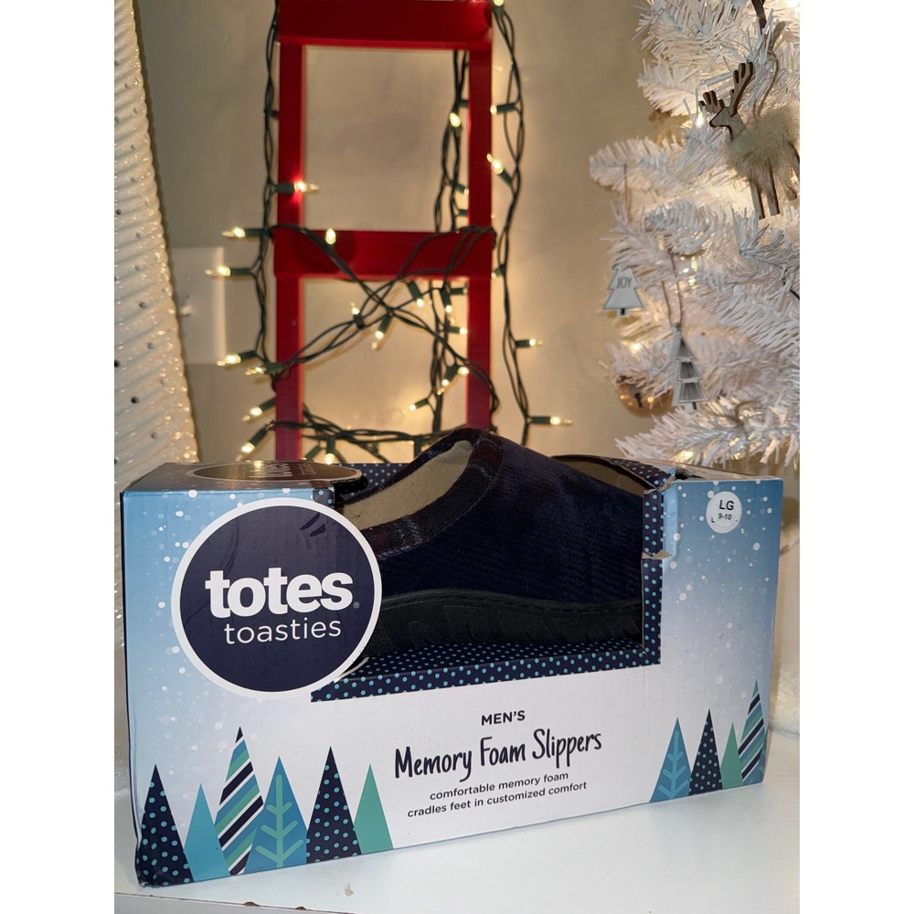 Totes Toasties Mens Memory Foam Slippers Size LG‎ 9-10 Navy Blue Faux Fur Lined